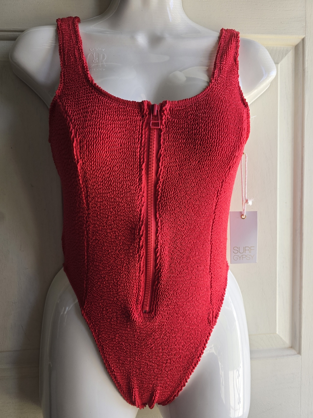 Surf Gypsy Sunset Red Zip-Front One-Piece Swimsuit - Picture 5 of 5
